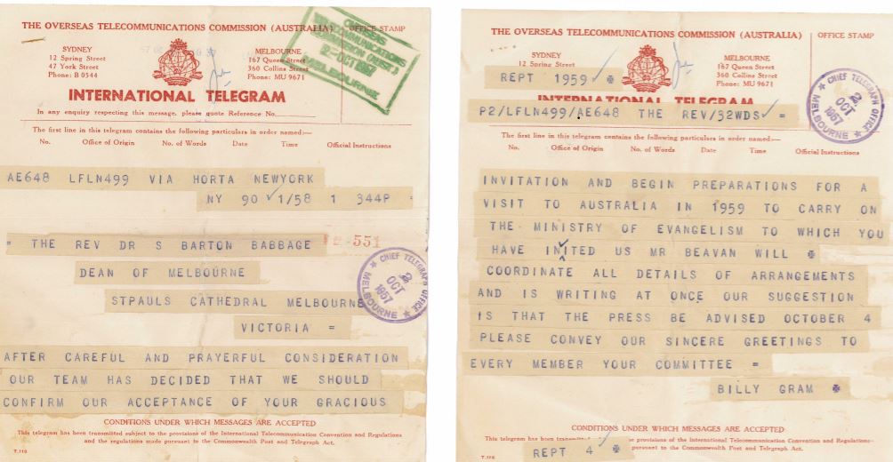 Telegram from Billy Graham accepting invitation to come to Australia in 1959